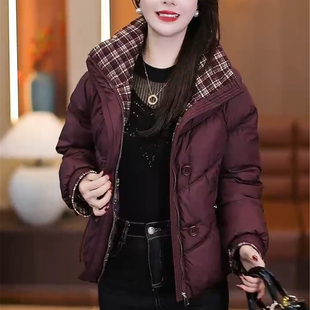 时尚格纹拼接羽绒棉服女2025冬季新款小个子保暖面包服短棉衣外套