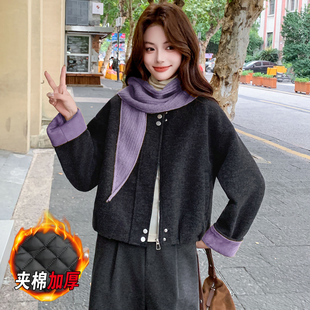 韩版撞色毛呢外套女秋冬加棉加厚短款洋气百搭小个子保暖呢子上衣