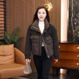 工装立领毛呢拼接棉服女冬季通勤直筒加厚保暖小个子宽松棉衣外套