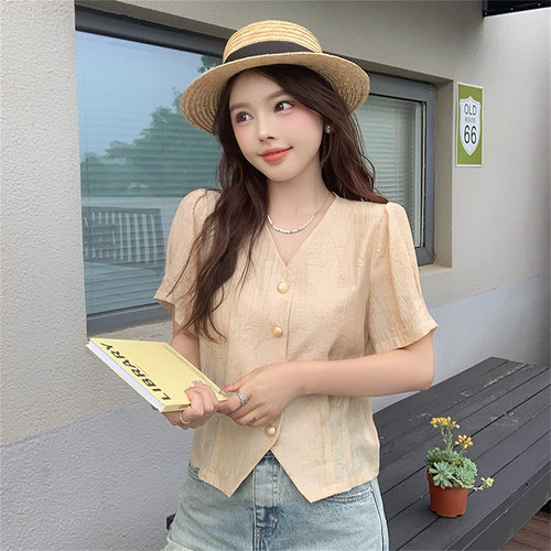 轻熟风V领短袖雪纺衬衫女夏减龄