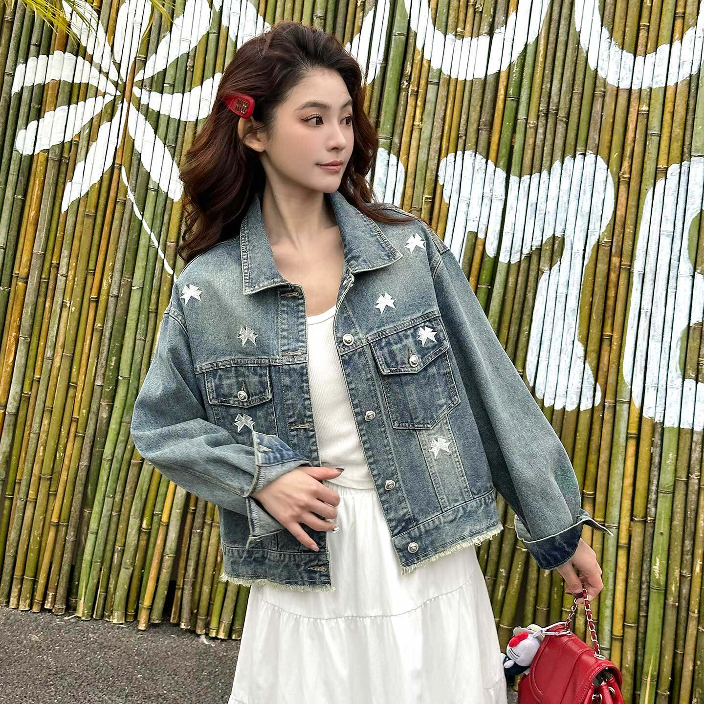 港风复古短款牛仔外套女星星印花
