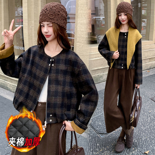 格纹毛呢外套女冬短款夹棉加厚夹克小个子高级感复古上衣保暖棉服