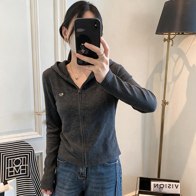 秋季连帽拉链显瘦针织开衫外套女