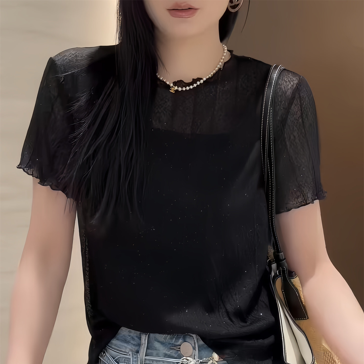 夏季优雅黑蕾丝拼接修身短袖T恤t