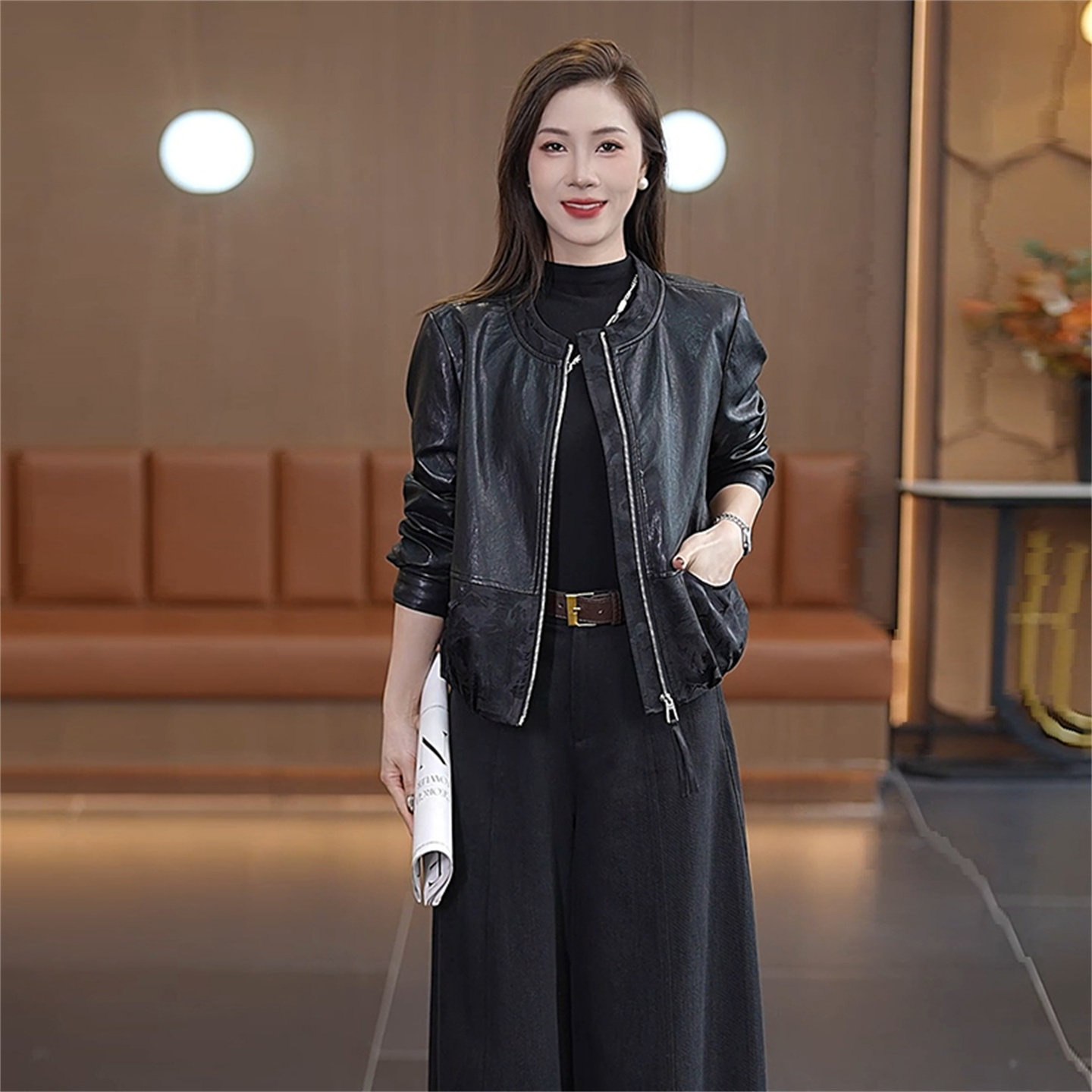 黑色短款PU皮衣女秋显瘦气质夹克