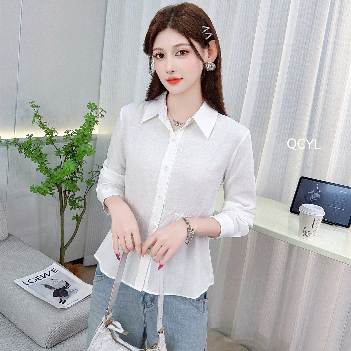 早秋韩版白色显瘦七分袖衬衫女装
