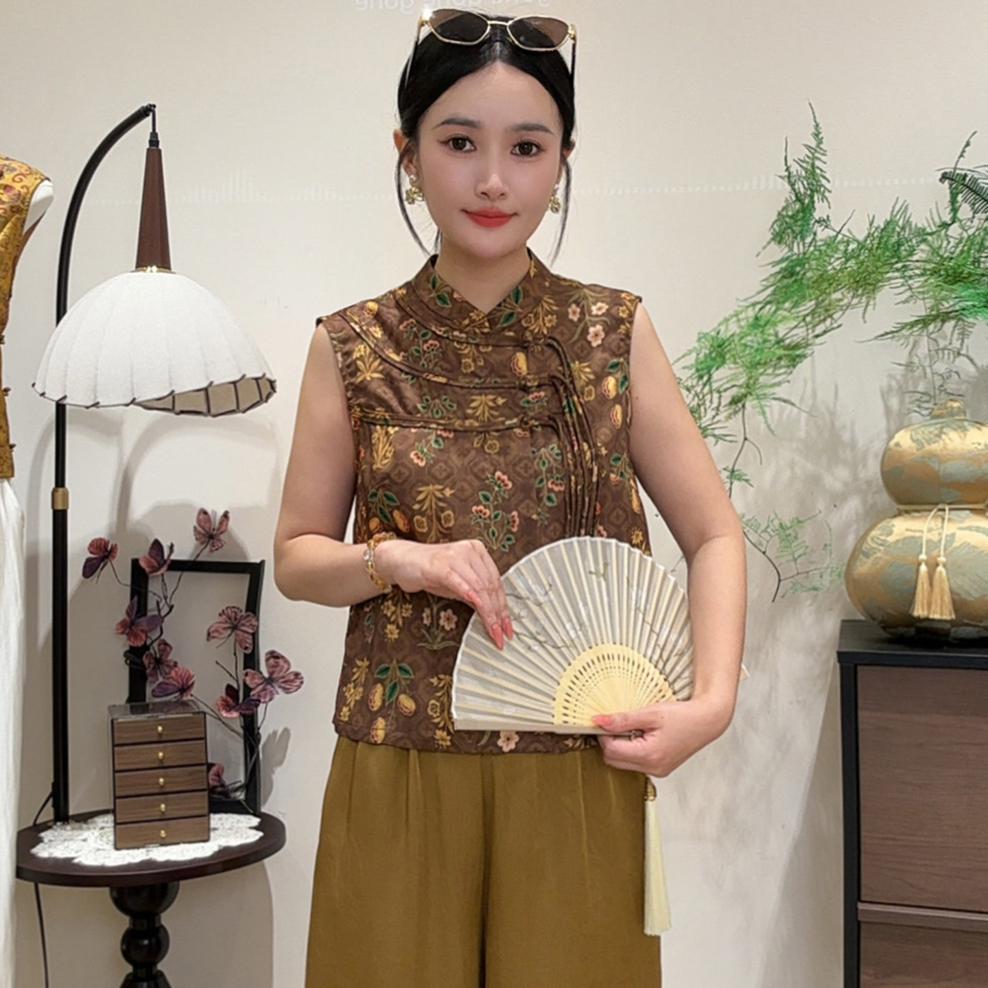 夏季新中式真丝提花盘扣立领马甲
