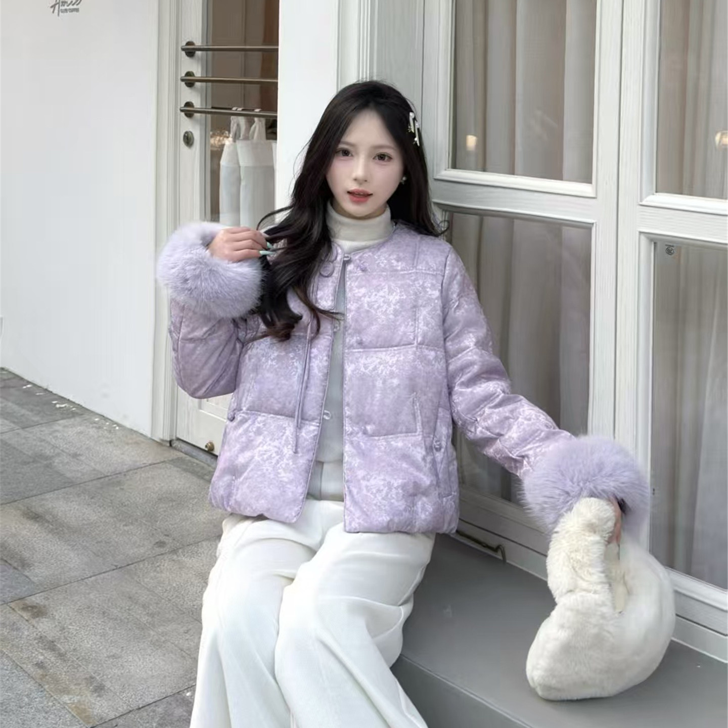 新中式国风紫色仿兔毛羽绒服女2025冬季宽松短款50白鸭绒保暖外套