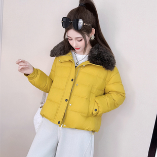 短款石墨烯羽绒棉服女冬季羊羔毛翻领保暖外套黄色通勤洋气小棉衣