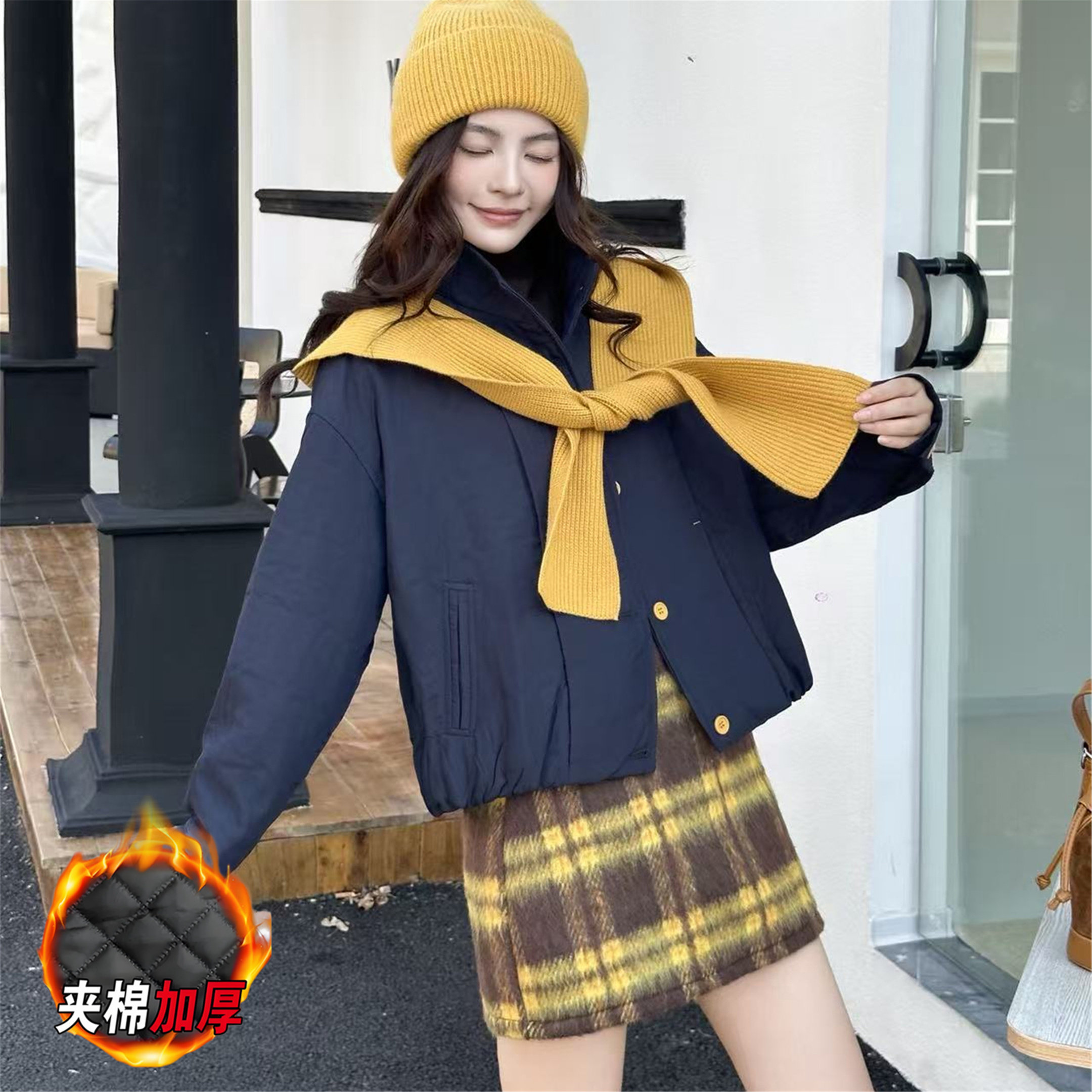 韩系撞色短款棉服女冬季新款小个子洋气宽松夹棉保暖休闲夹克外套