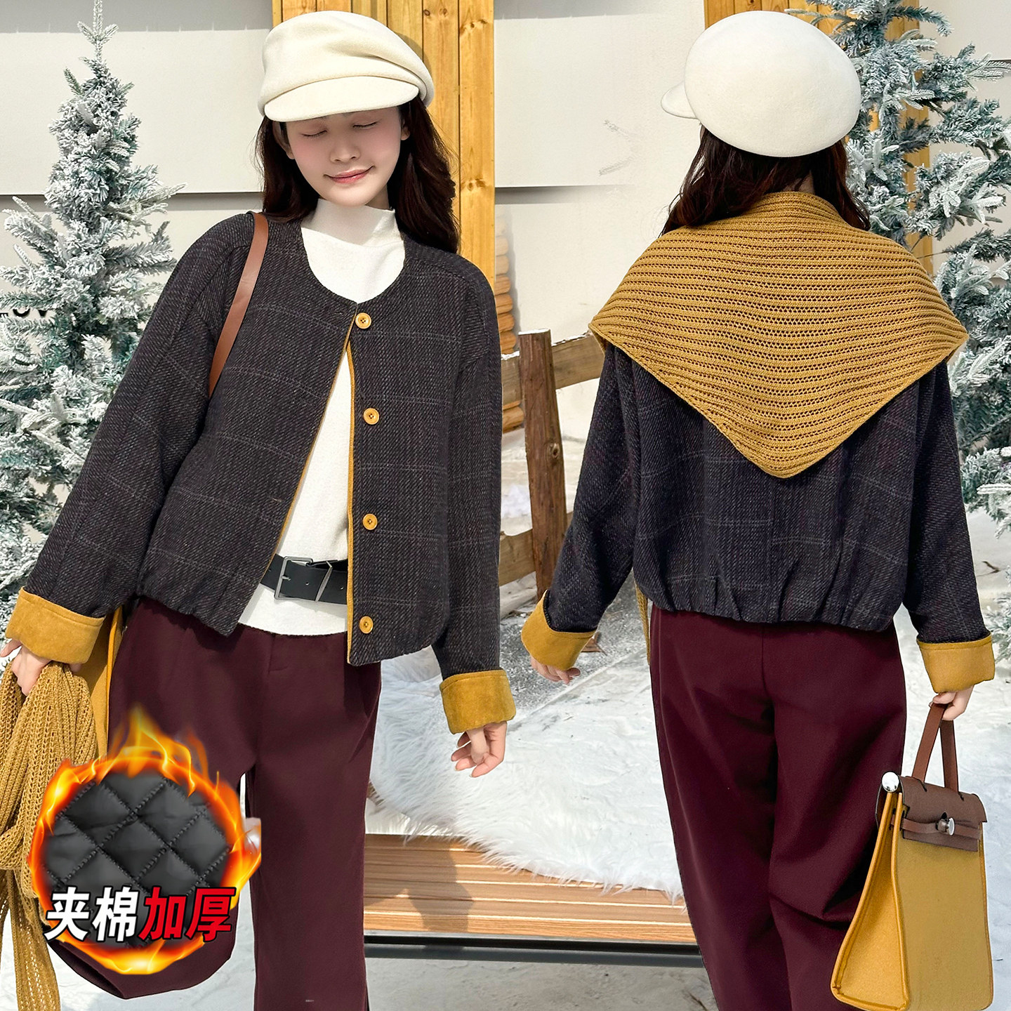 小香风加棉毛呢外套复古撞色格纹短呢子女秋冬百搭保暖小个子上衣,女装/女士精品,短外套,淘宝优惠券,粉丝福利购,淘宝优惠卷