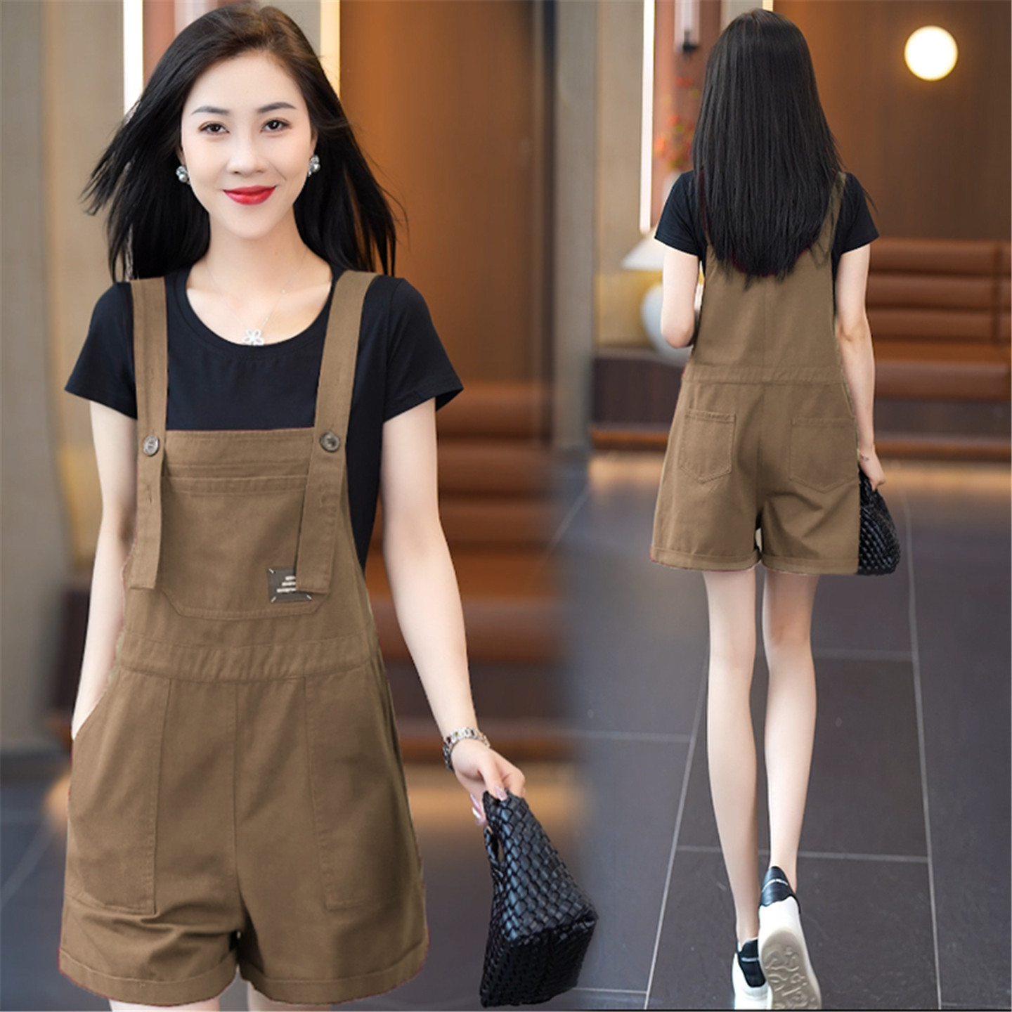 工装风T恤背带短裤套装女2026夏季新款小个子洋气减龄休闲两件套