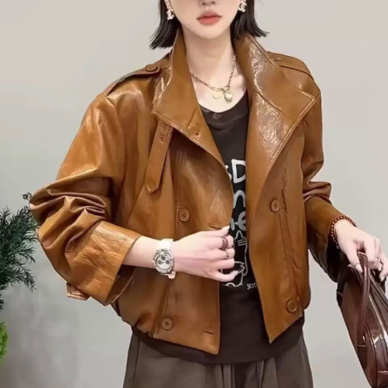 PU皮衣女短款2025秋季新款时尚纯色立领长袖双排扣棉车皮夹克外套
