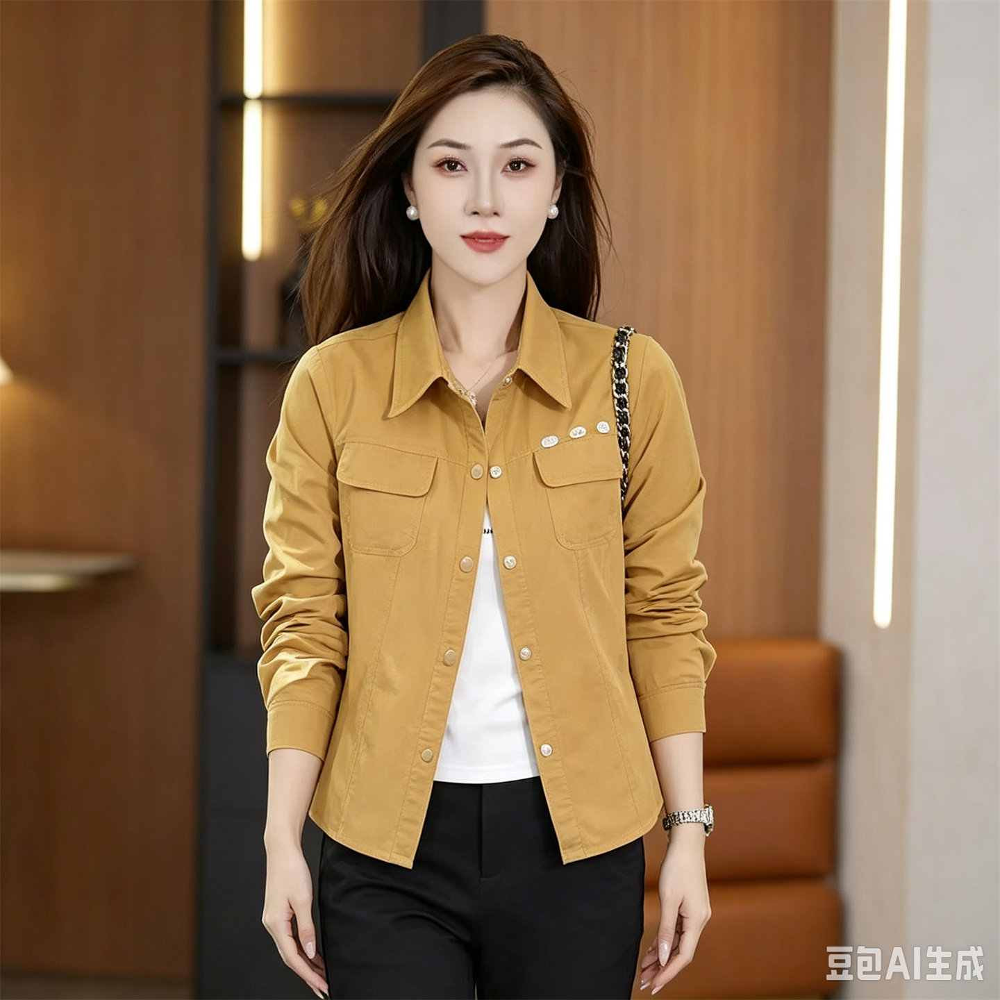 早秋通勤翻领长袖显瘦衬衫女外套