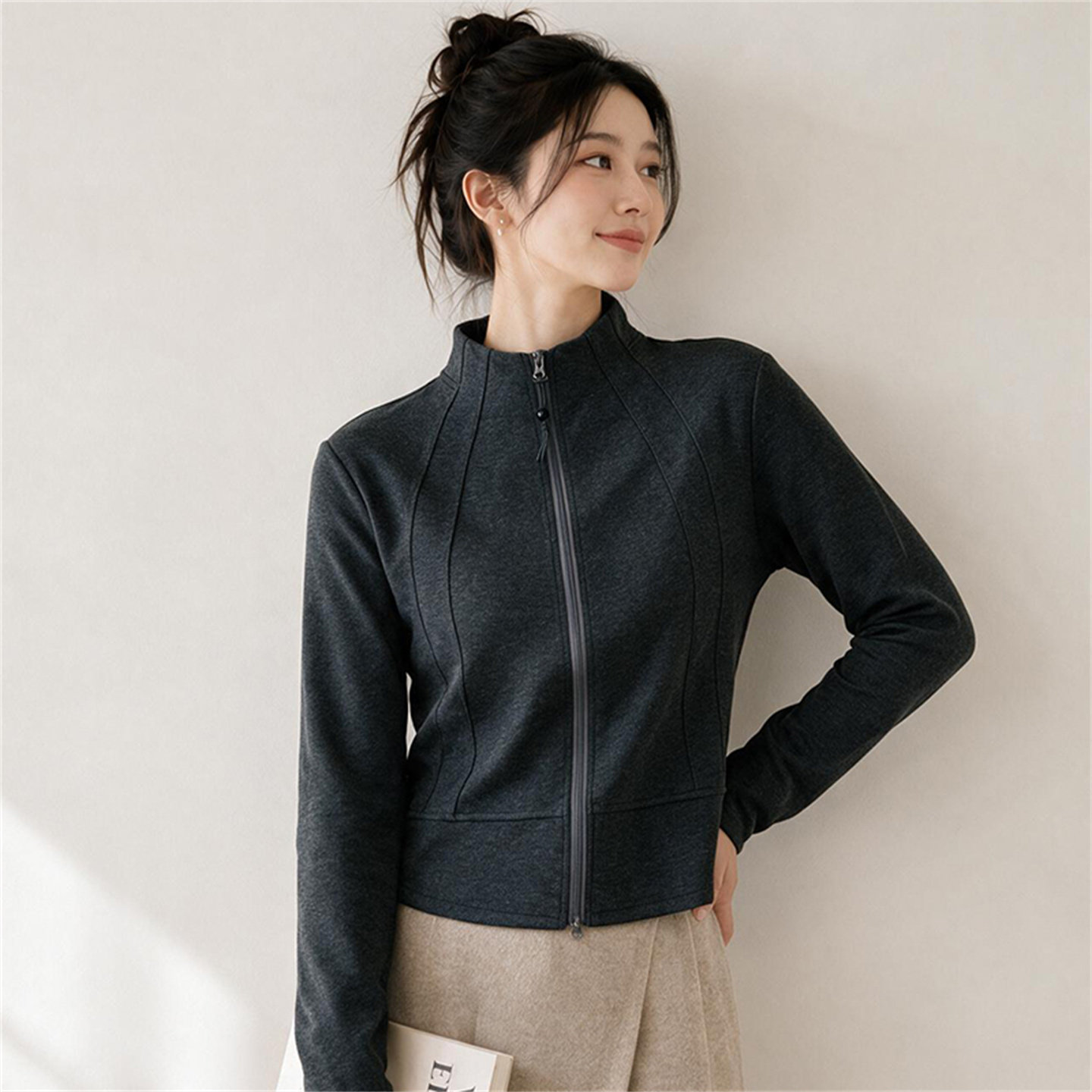 老钱风高领拉链针织开衫外套女秋