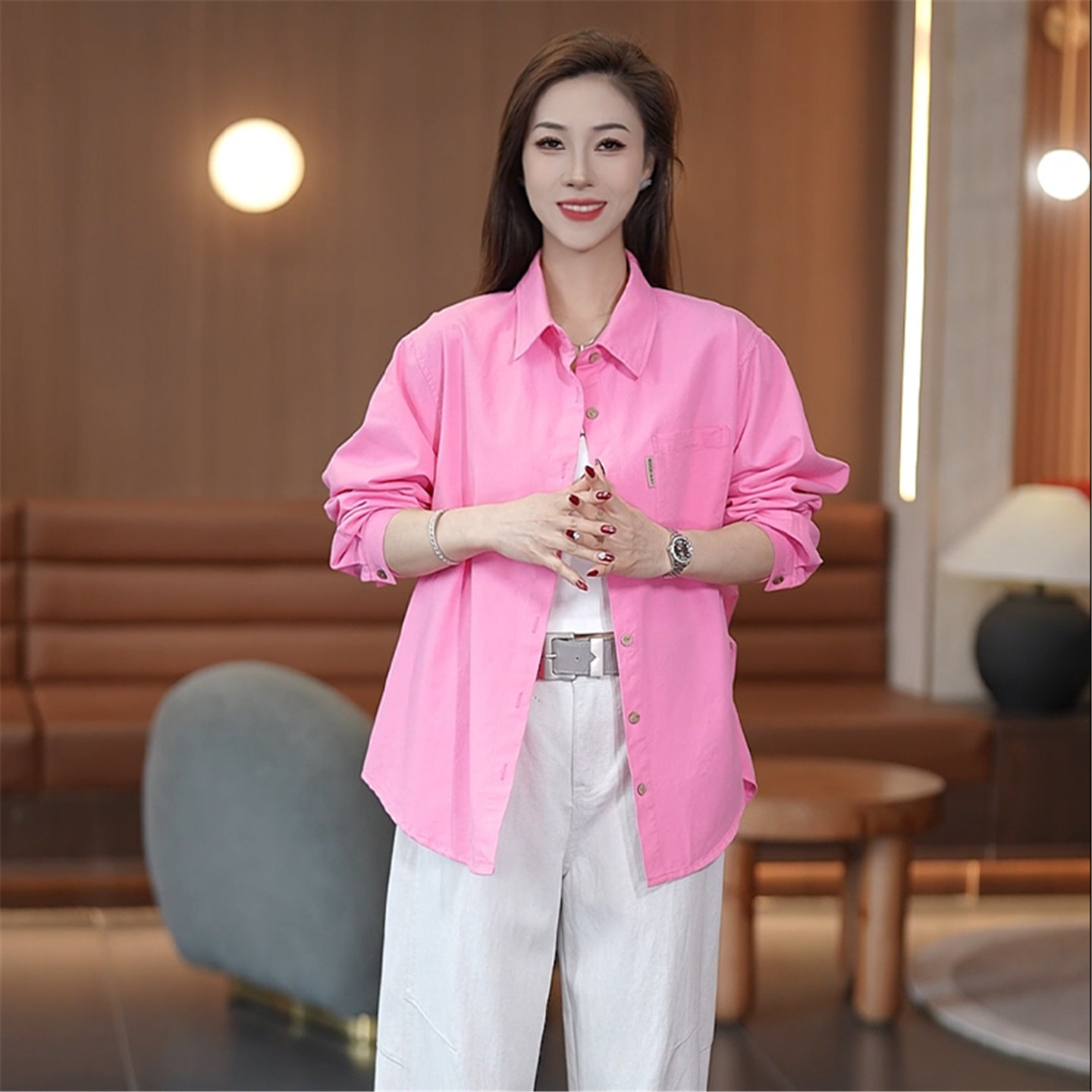 2026春季新款粉色长袖衬衫女中长款宽松显瘦洋气减龄衬衣百搭外套,女装/女士精品,衬衫,淘宝优惠券,粉丝福利购,淘宝优惠卷