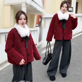 红色狐狸毛领皮毛一体短外套女冬季新款蝴蝶结宽松显瘦高级感上衣