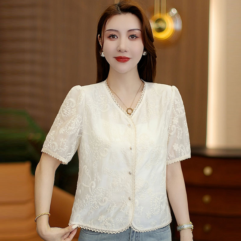 法式蕾丝短袖衬衫女宽松韩版2025夏季时尚减龄高级感短款衬衣上衣
