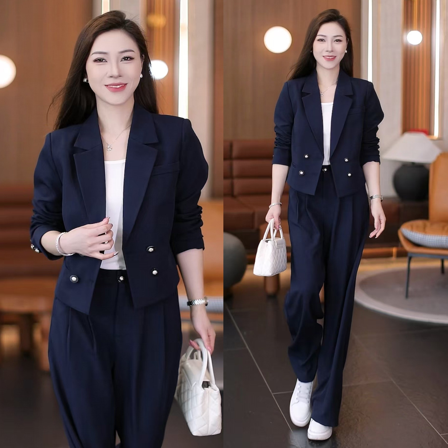 通勤双排扣西装套装女春季轻奢高级感修身小西服外套阔腿裤两件套