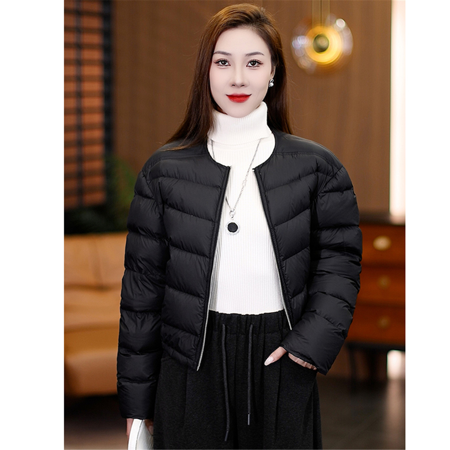 韩系短款棒球领黑色羽绒棉服女秋冬季韩版休闲宽松轻薄小棉袄外套