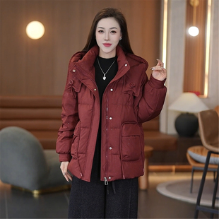 工装风连帽羽绒服女秋冬季时尚中长款红色加厚保暖宽松白鸭绒外套