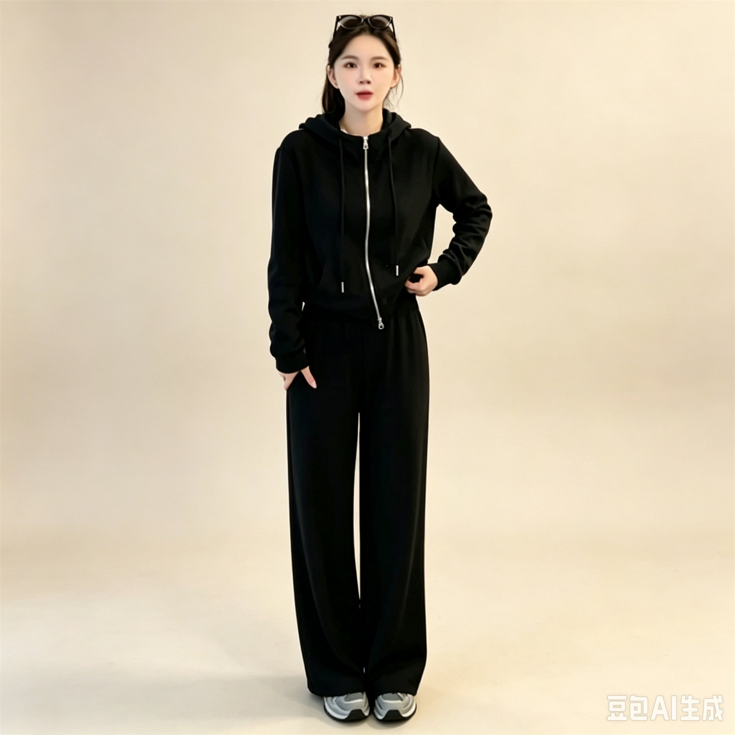 秋季韩系连帽卫衣阔腿裤套装女装