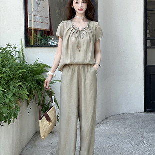 高个子时尚套装女夏季薄款时髦洋气遮肚子显瘦上衣阔腿长裤两件套