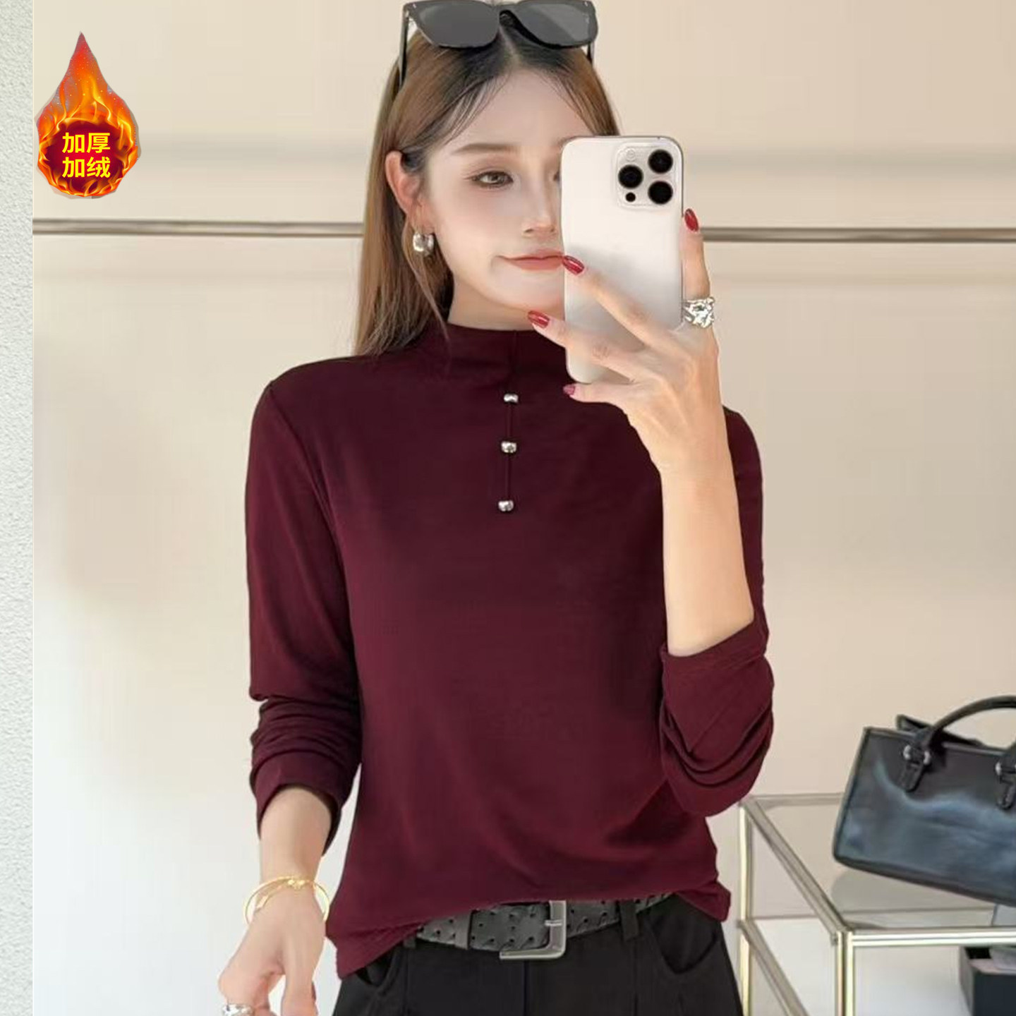 半高领加绒加厚打底衫女小衫T恤
