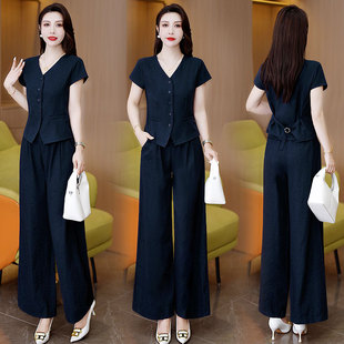 时尚套装女夏季薄款百搭洋气减龄短款上衣显瘦设计感阔腿裤两件套