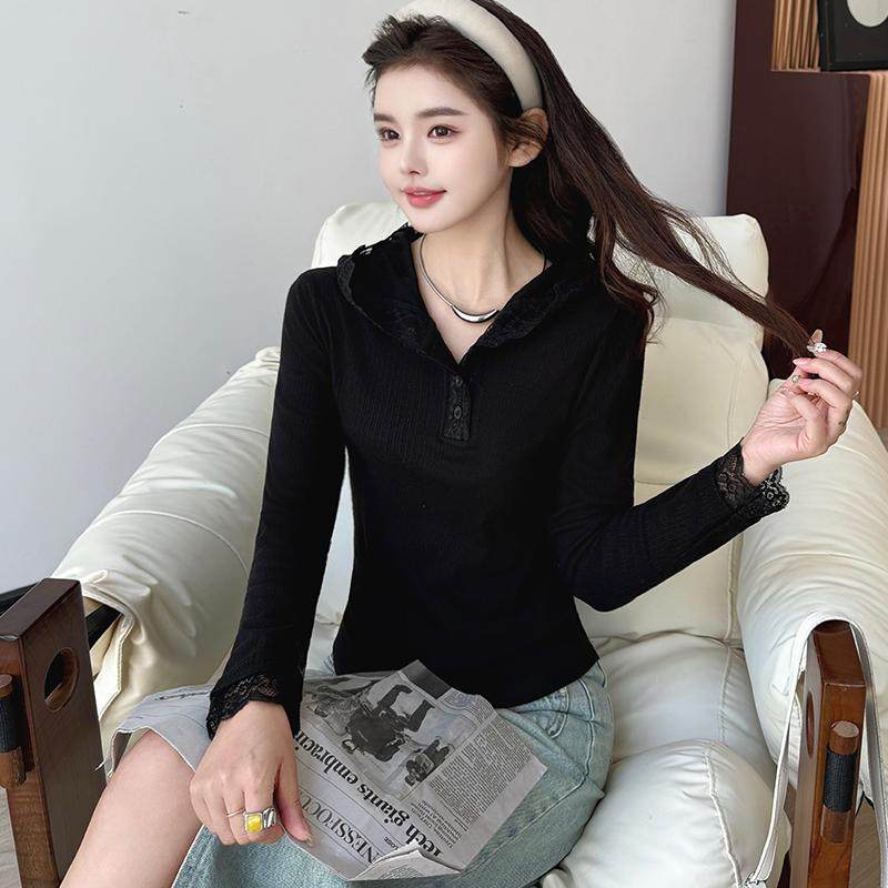 爆款连帽T恤女2025新款春季洋气修身短款上衣蕾丝内搭打底体恤衫t