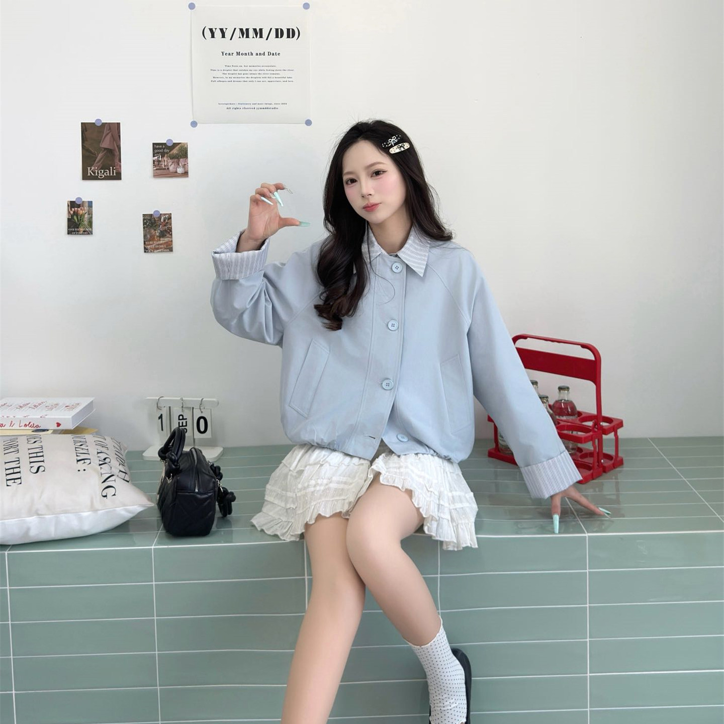 温柔风假两件翻领短外套女春季宽松显瘦薄款夹克洋气小个子上衣服