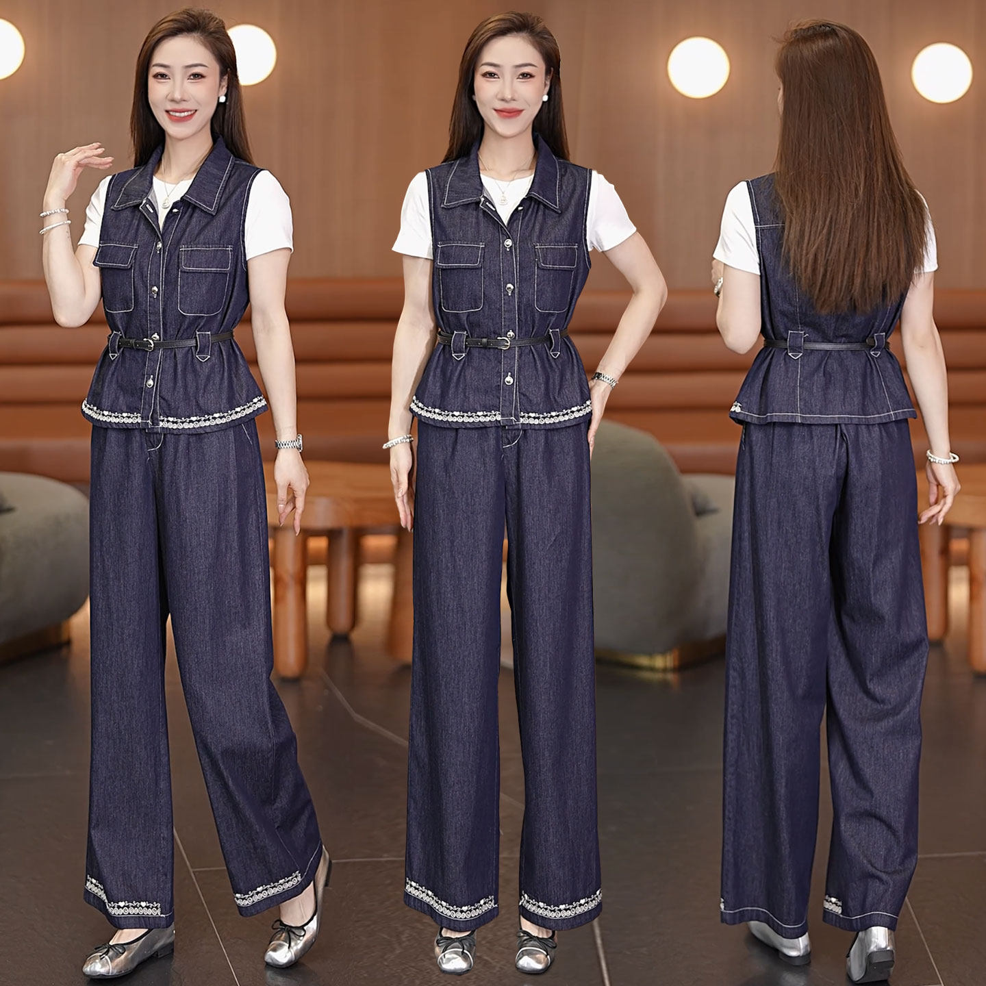 牛仔马甲阔腿裤三件套女2026春夏
