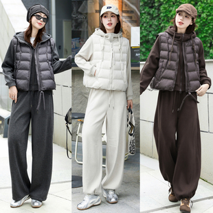 秋冬加绒加厚连帽马甲外套阔腿裤三件套女装保暖休闲洋气棉衣套装