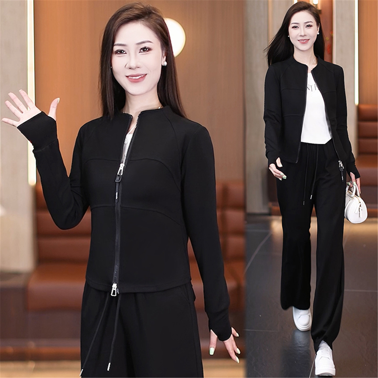 春秋女拉链开衫显瘦瑜珈服两件套