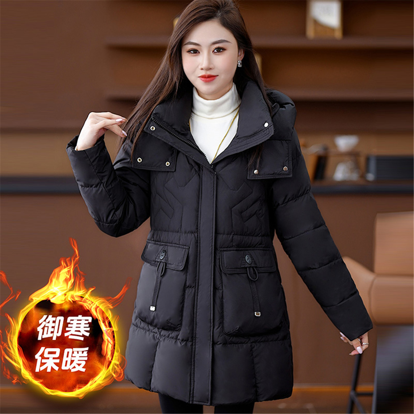 通勤修身型中长款棉服女冬季时尚连帽加厚保暖棉衣中老年妈妈棉袄
