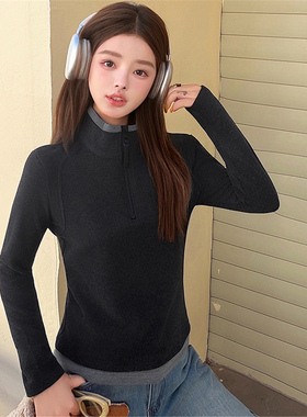 秋冬德绒半高领假两件长袖T恤打底衫女士韩系黑色显瘦简约上衣t恤