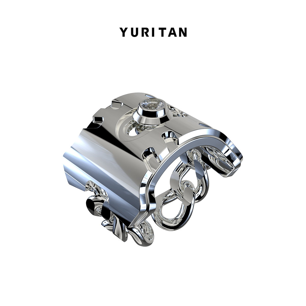 展轩同款YURITAN潮酷机械接口古巴链开口可调节戒指新款情侣戒