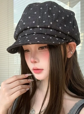 百搭韩系复古星星八角帽秋冬薄款云朵画家帽显脸小软檐鸭舌报童帽