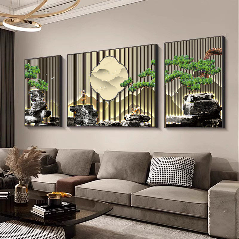 客厅装饰画 画新中式风景山水画 画沙发背景墙挂画 画迎客松高端
