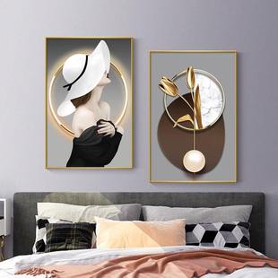 包安装卧室装饰画人物主卧牀头挂画美容院房间背景墙面壁画高级感