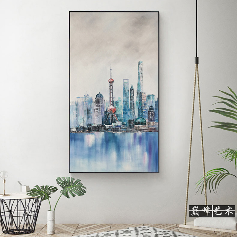 手绘上海城市风景油画建筑简约现代玄关客厅挂画办公室别墅装饰画图片