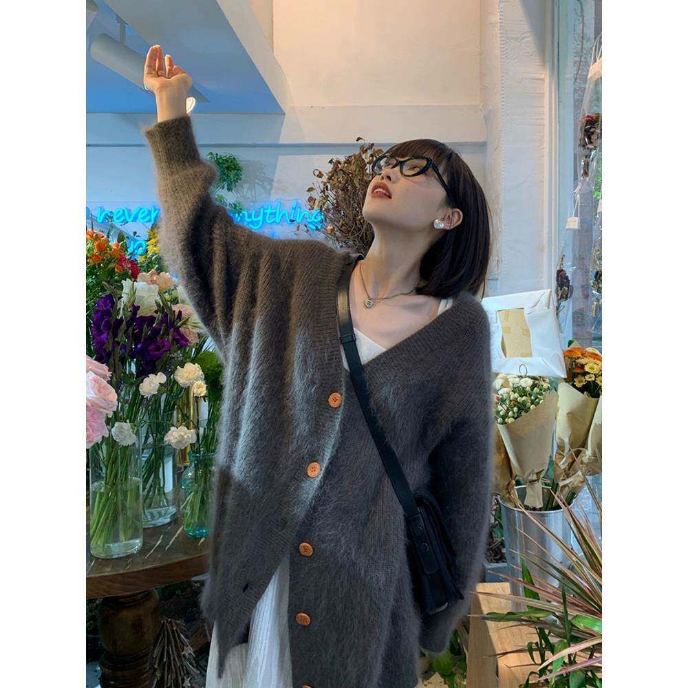 复古慵懒风中长款V领毛毛水貂绒宽松加厚毛衣针织开衫外套女秋冬