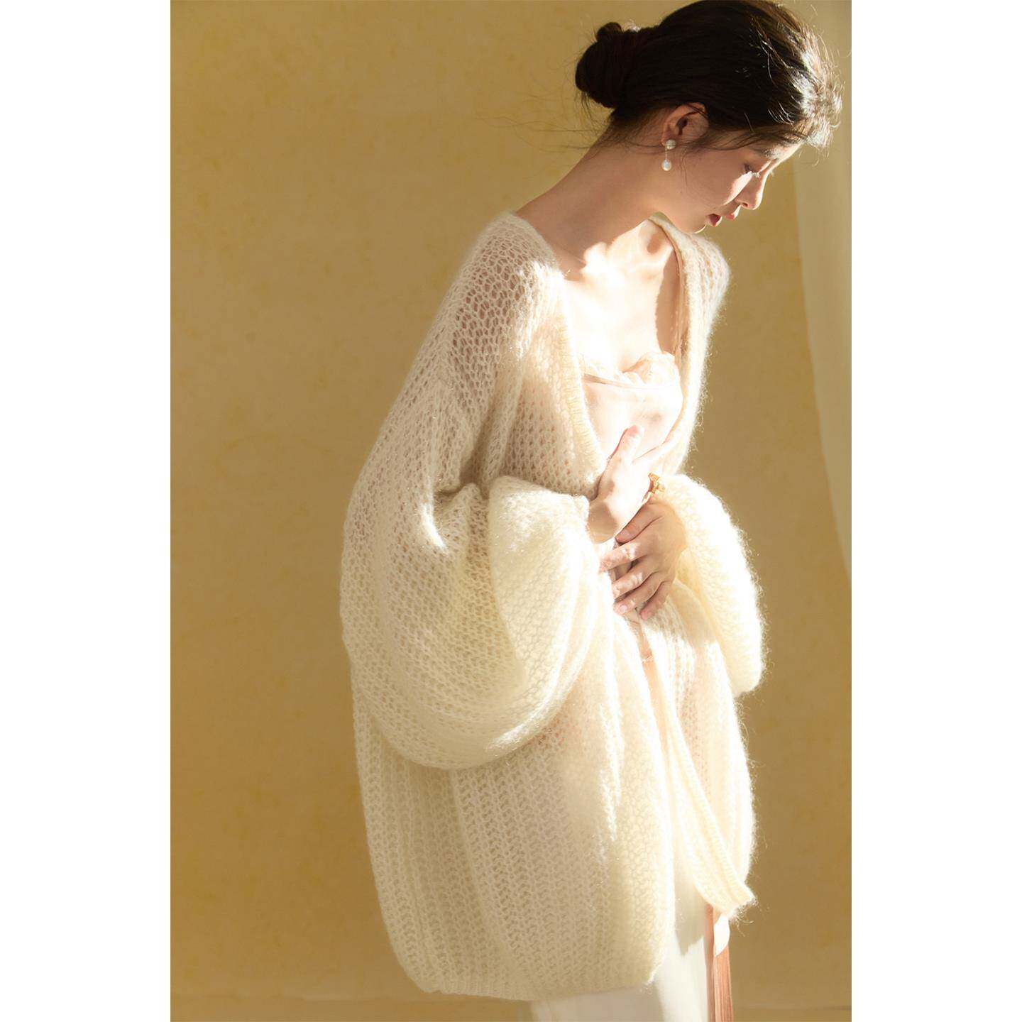 秋季镂空灯笼袖马海毛针织开衫上衣女秋中长款慵懒风宽松显瘦外套