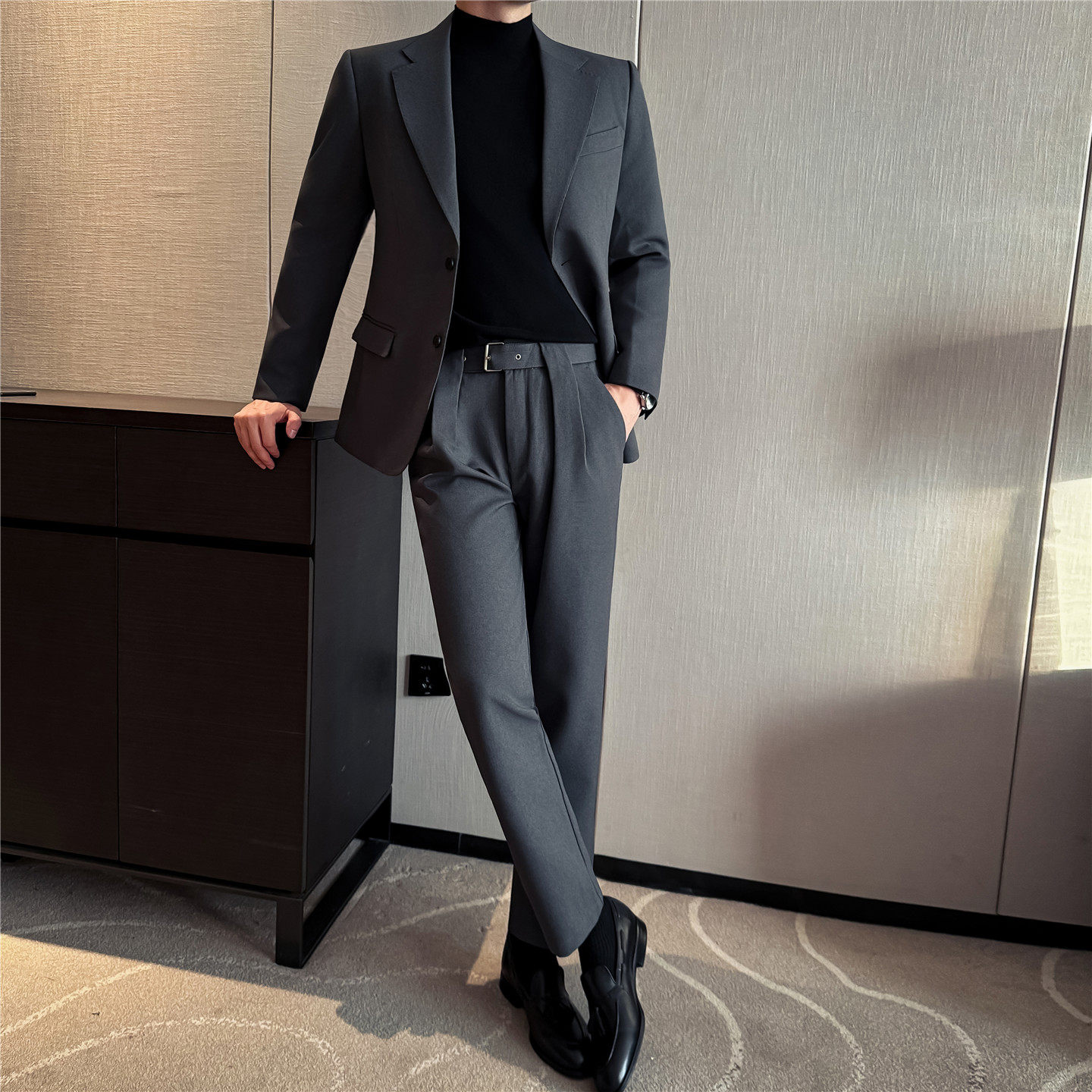 秋冬加厚款羊毛呢西装套装男士冬季高级感商务休闲那不勒斯西服潮