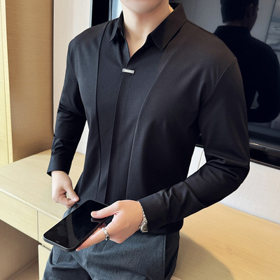 高级感时尚套头衬衫领T恤男长袖高弹腔调V领修身POLO衫无痕衬衣潮