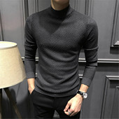 高级感长袖 秋冬季 内搭条纹 修身 中领针织打底衫 半高领男士 毛衣冬季