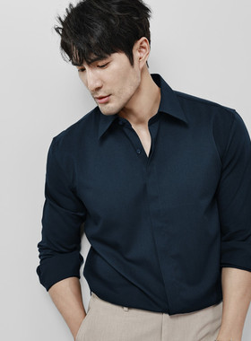 衬衫男长袖免烫修身商务休闲正装衬衣隐藏扣韩版职业装深蓝色男装