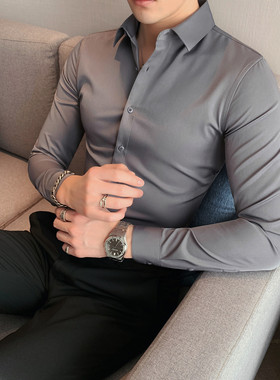 高级感痞帅灰色长袖西装衬衫男弹力修身商务正装加绒黑色衬衣加厚