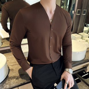 潮牌痞帅性感V无领免烫衬衣 男秋季 轻奢高级感华夫格无痕长袖 衬衫