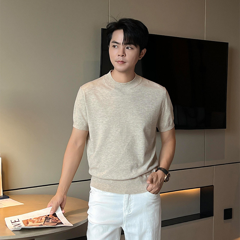 老钱风休闲针织短袖男圆领纯色秋冬季帅气内搭收腰打底半袖毛衣潮